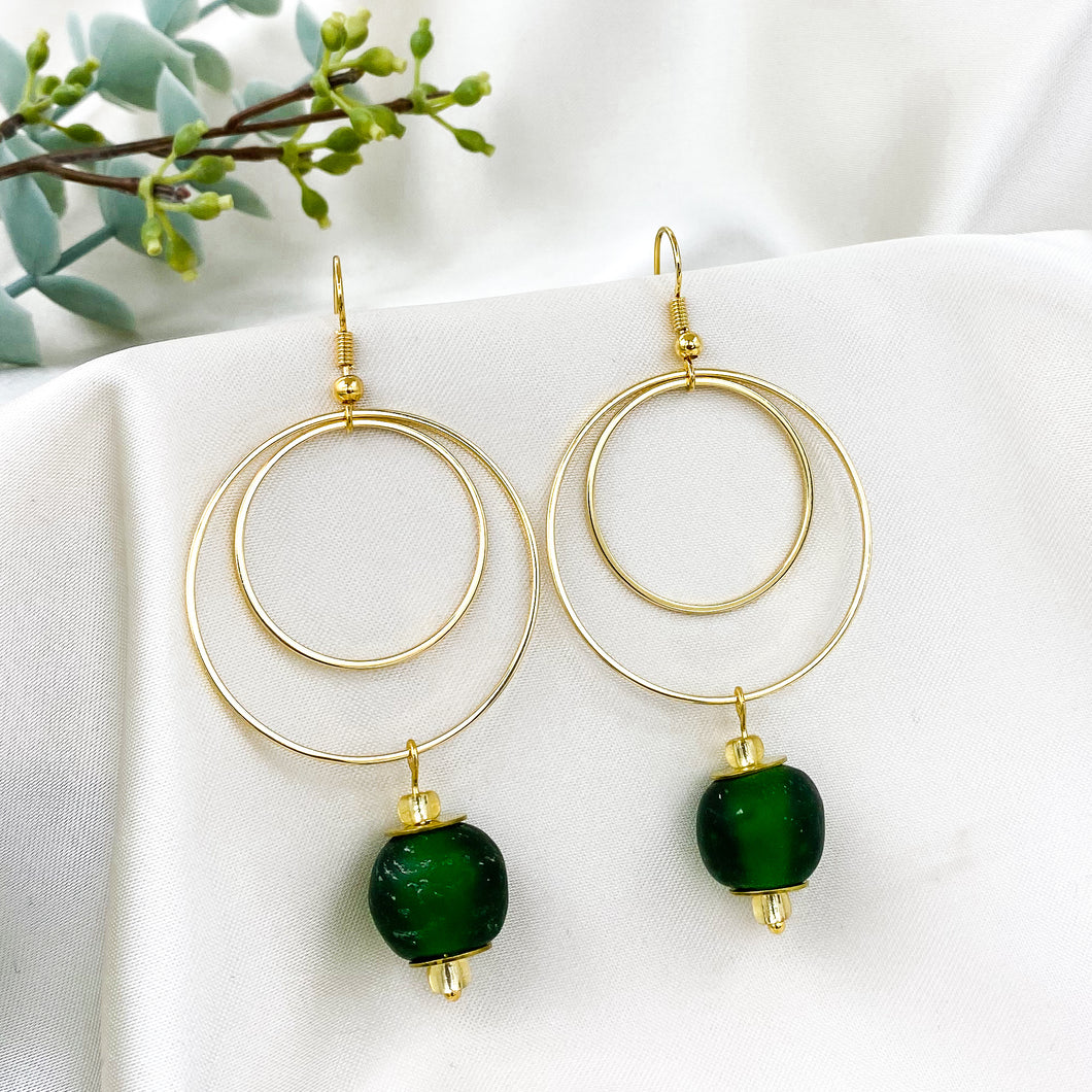 Recycled Glass Whirlpool earring - Forest Green