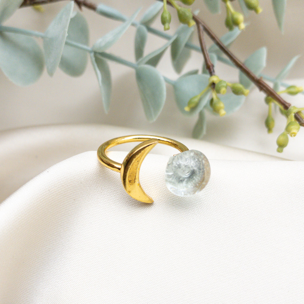 Recycled Glass Moon Ring - Crystal
