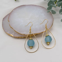 Load image into Gallery viewer, Recycled Glass Teardrop earring - Cyan Blue (Silver or Gold)
