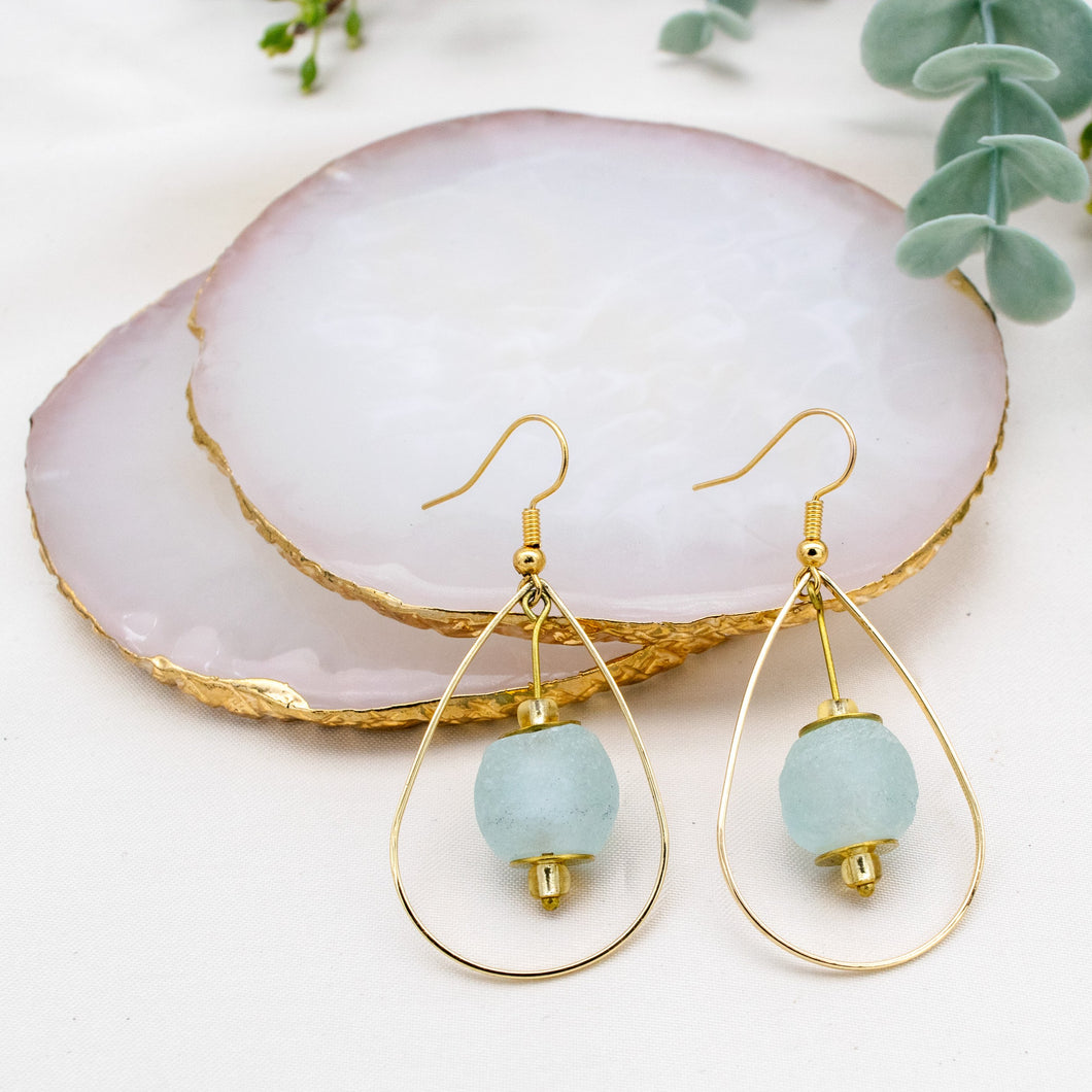 Recycled Glass Teardrop earring - Ice Blue (Silver or Gold)
